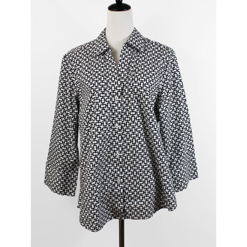 Foxcroft XL Easycare Black White Geometric Chain Print Button Up Blouse